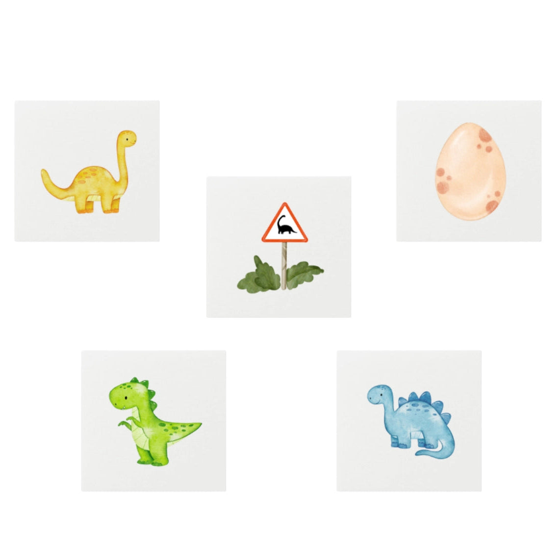 Set of dinosaur-themed tattoos on a white background