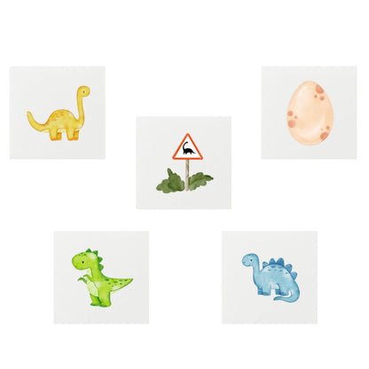 Set of dinosaur-themed tattoos on a white background