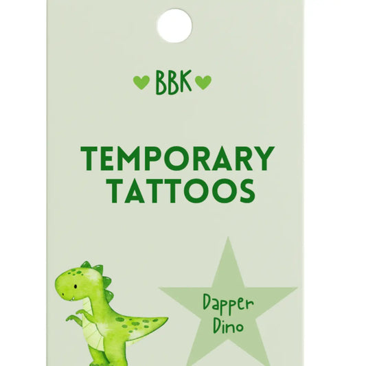 Packaging for temporary tattoos with a dinosaur design and 'BBK' branding.