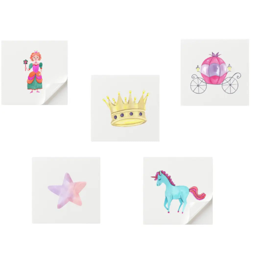 Set of five small cards with princess-themed illustrations on a white background.