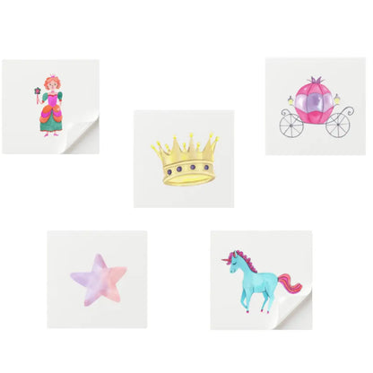 Set of five small cards with princess-themed illustrations on a white background.