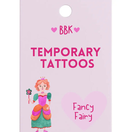 Packaging for BBK temporary tattoos featuring a fairy design on a pink background.