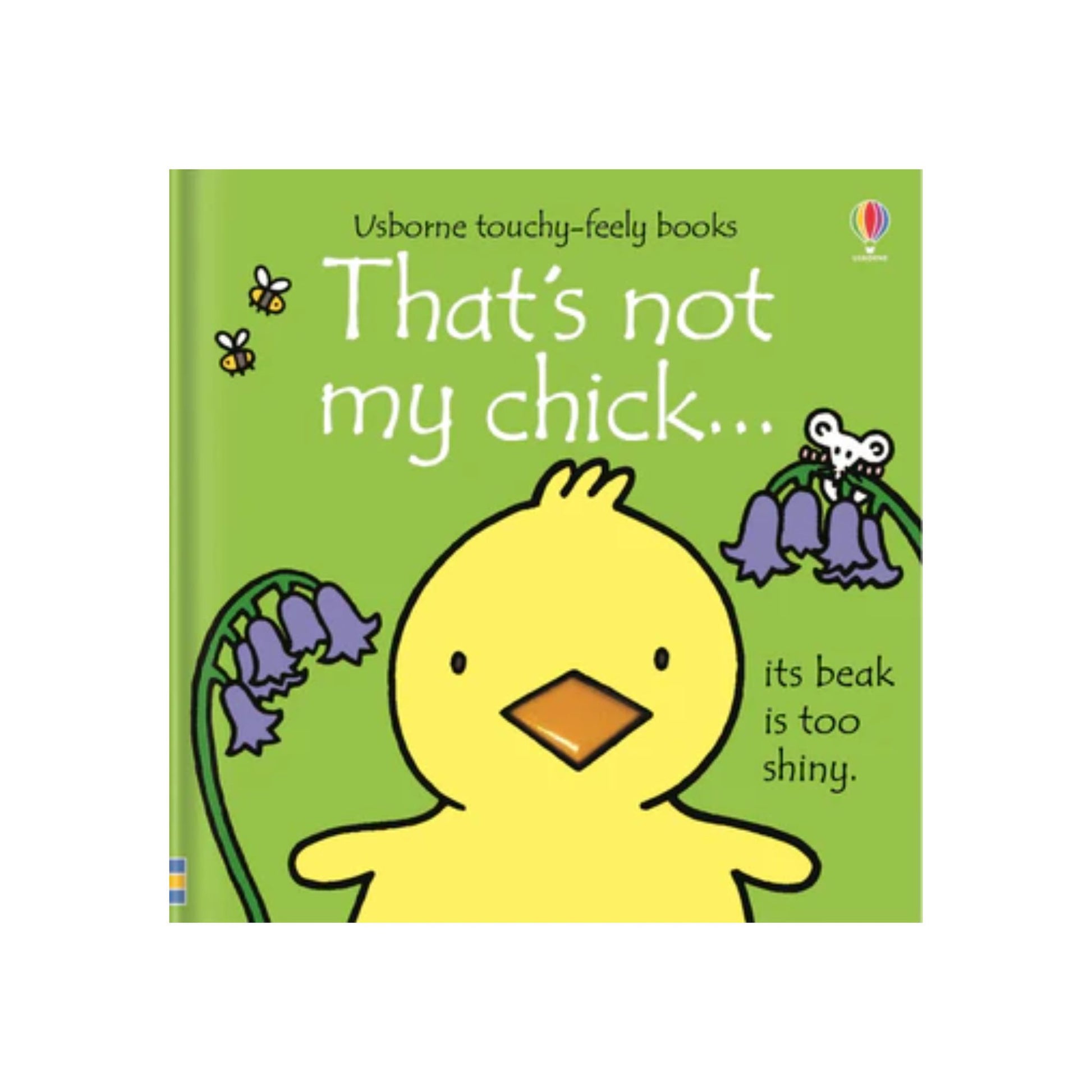 Book cover of 'That's not my chick' with a yellow chick illustration on a green background.