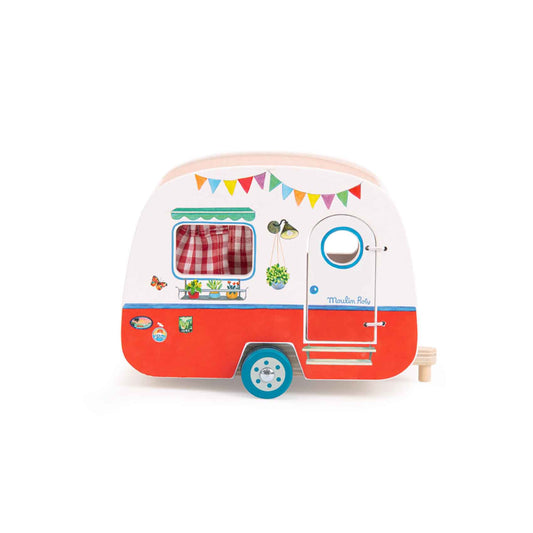 a wooden toy caravan thats red along the bottom white white at the top, it has a door on the front and a window and a removable roof