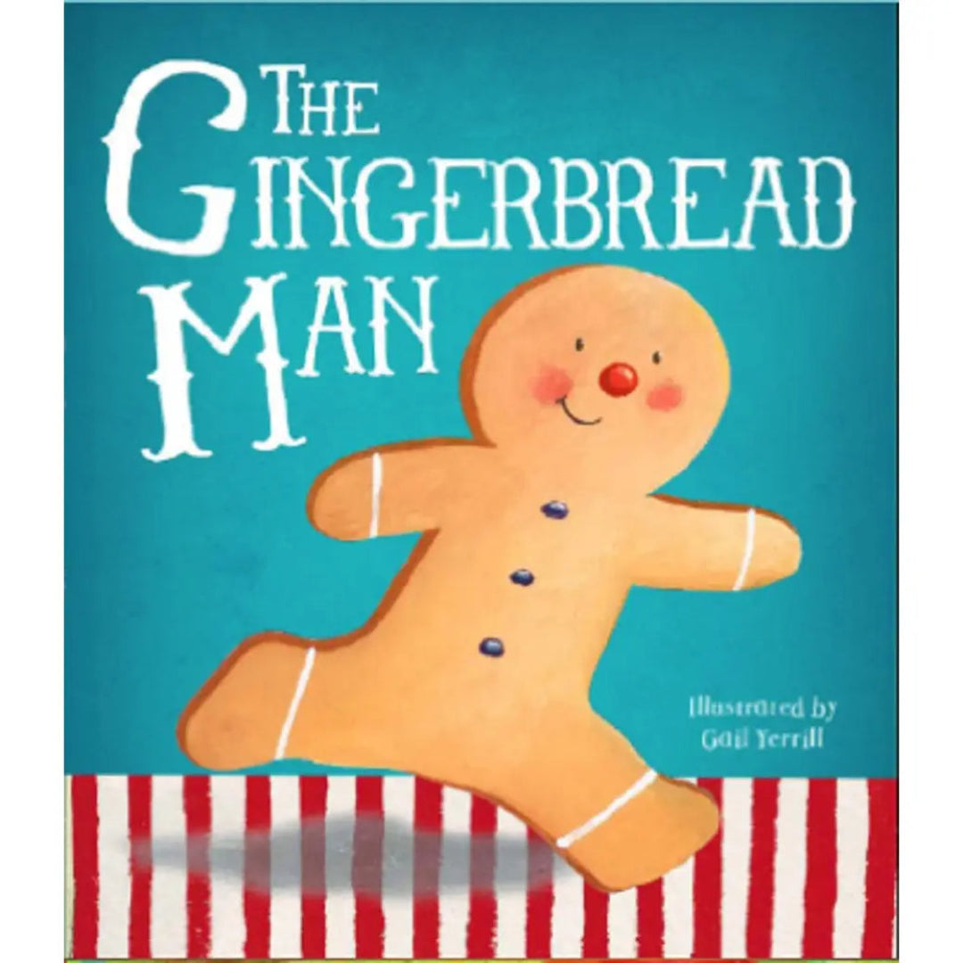 a gingerbread man cookie running across a table with a red and white stripped tablecloth