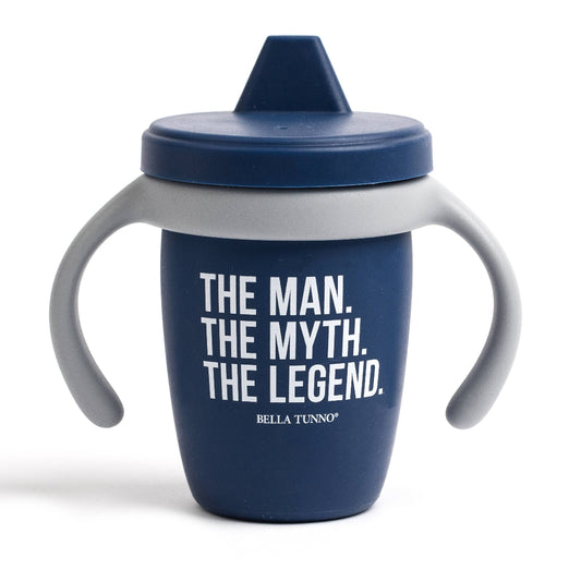 a blue sippy cup that says the man, the myth, the legend
