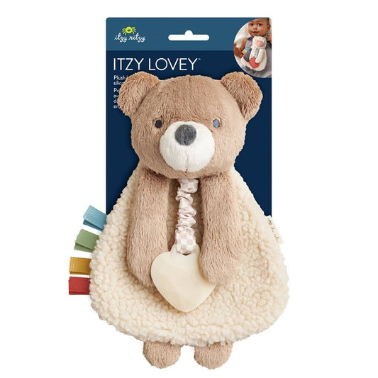 brown stuffed teether bear toy on a blue hang tag