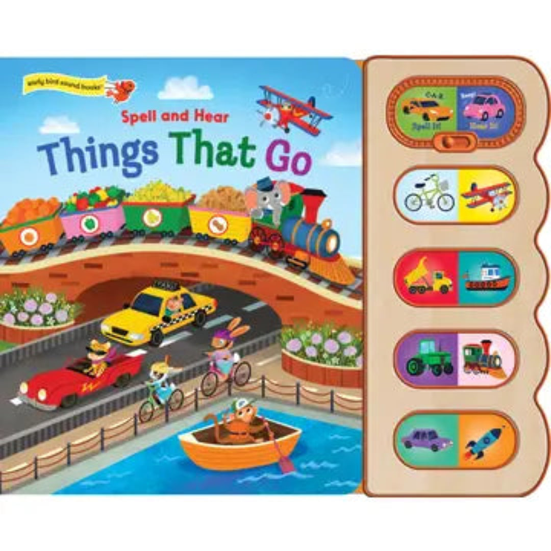 board book with different kinds of vehicles on the front and a sound bar along the right side of the book