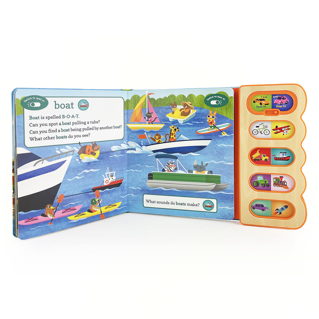 inside of board book open to a page about boats