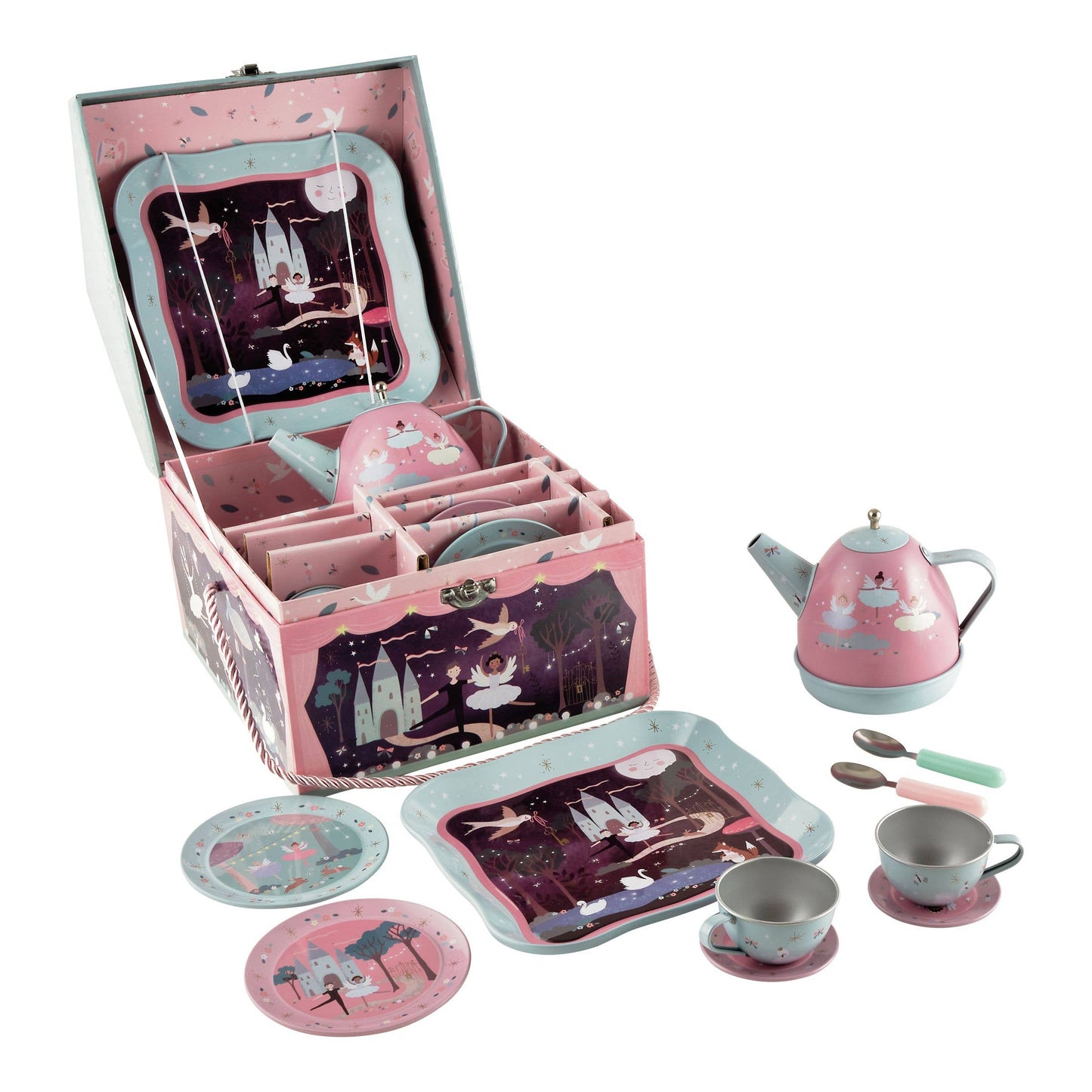 Children's tea set with castle design in a pink box on a white background