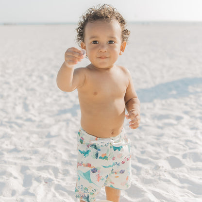 Little boy playing in the sand wearing Coral Reef Boys Swim Trunks, designed with a fun ocean-themed print of sharks and sea turtles, made from quick-dry, breathable fabric with UPF 50+ protection.