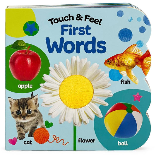 first words book cover with a fish, apple, ball, cat, and soft touch sunflower