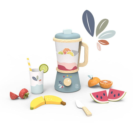 kids wooden toy blender with fake fruit and a cup and straw