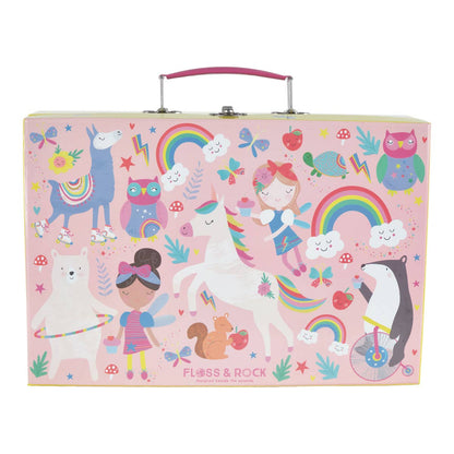 Children's toy box with colorful illustrations of animals and characters on a pink background