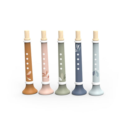 kids wooden toy trumpets in 5 different colors, brown, pink, green, dark blue and light blue. Each trumpet is sold separately. 