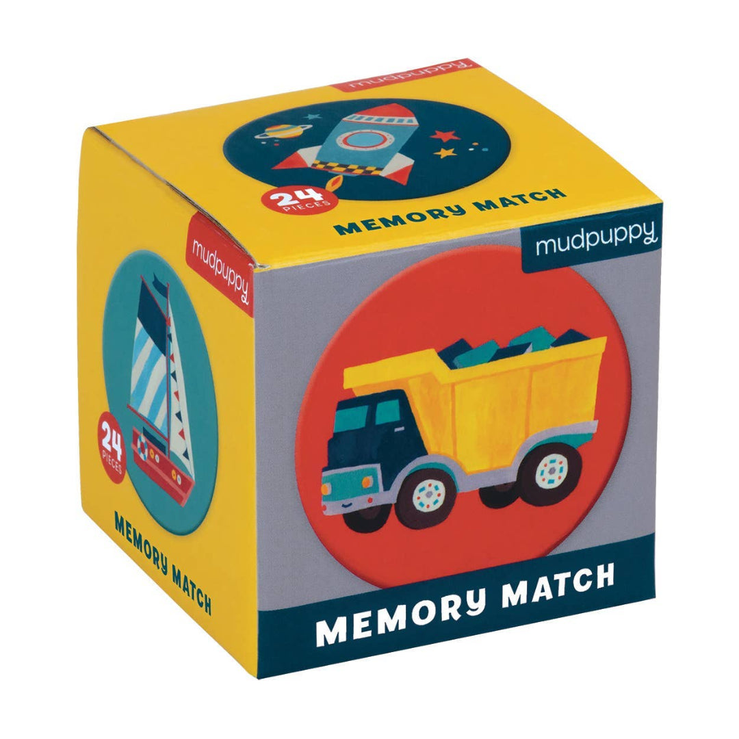 Mudpuppy memory match game packaging with a truck illustration on a white background