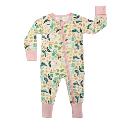 Tropical Blooms bamboo convertible footie romper for babies featuring a vibrant botanical leaf and floral print on a light background.