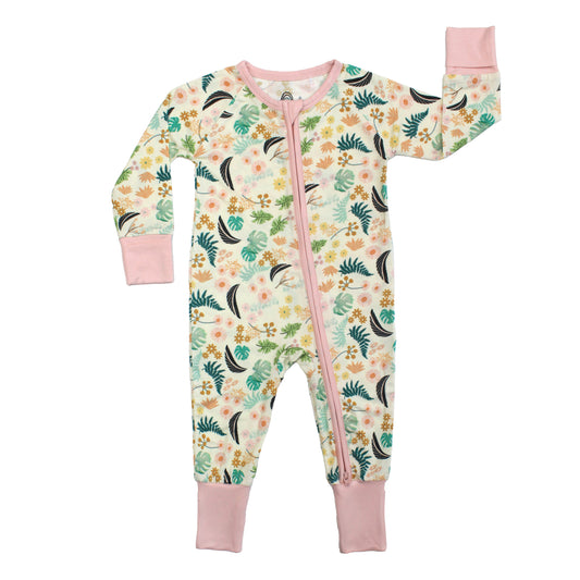 Tropical Blooms bamboo convertible footie romper for babies featuring a vibrant botanical leaf and floral print on a light background.