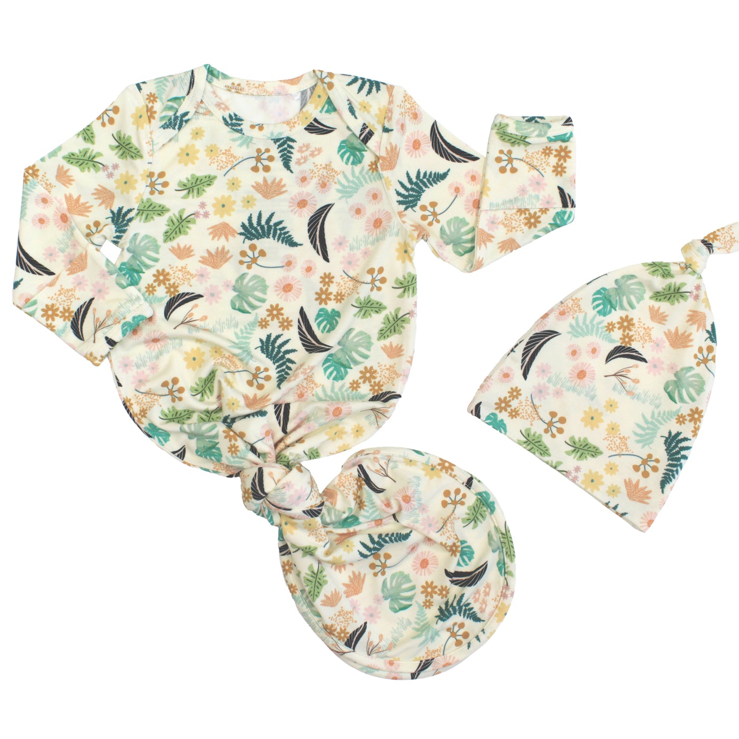 Newborn baby gift set featuring a bamboo tie-bottom gown and matching knotted hat in a vibrant Tropical Blooms floral print.