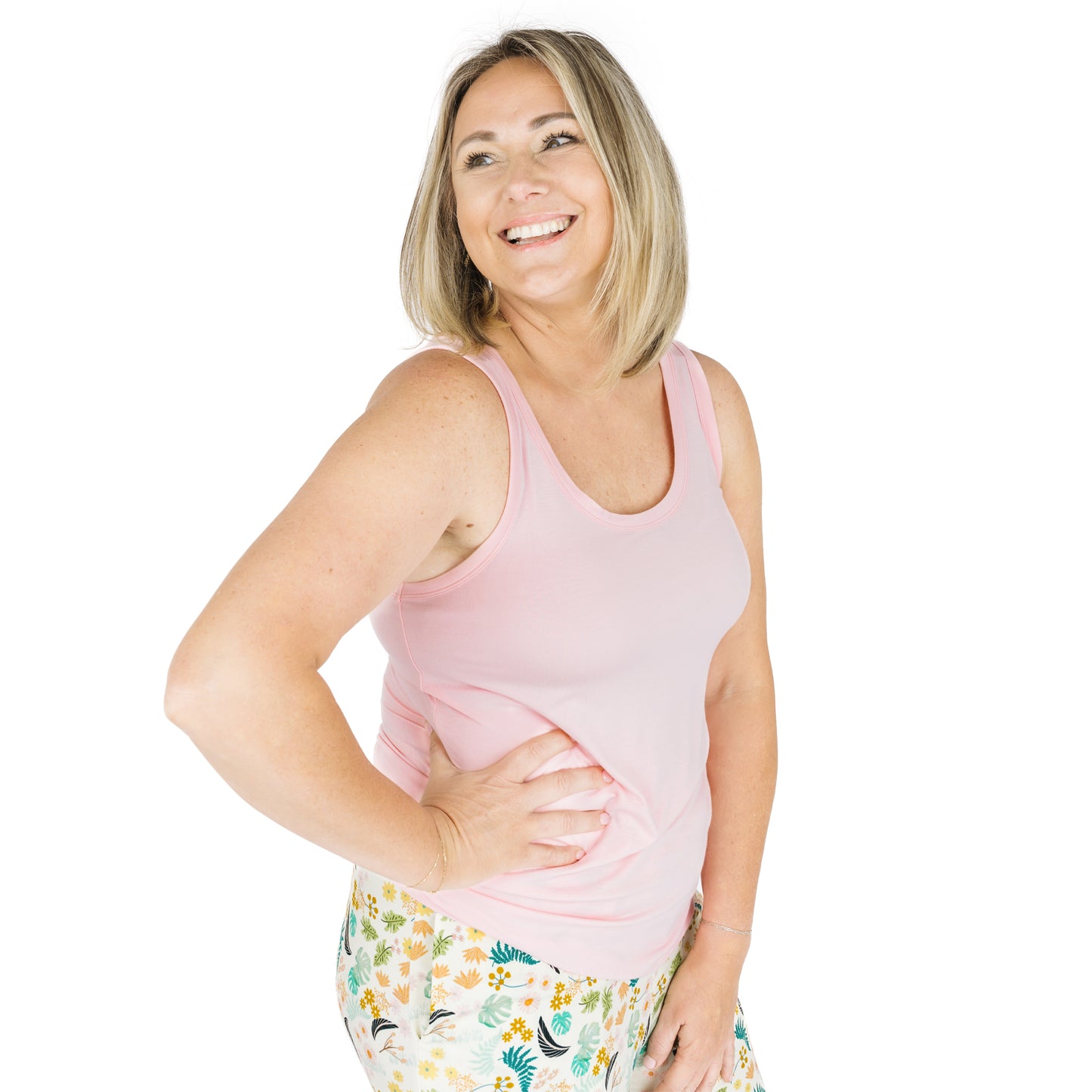 Close-up of the Tropical Blooms lounge pants showing the comfortable elastic waistband and drawstring for an adjustable fit.