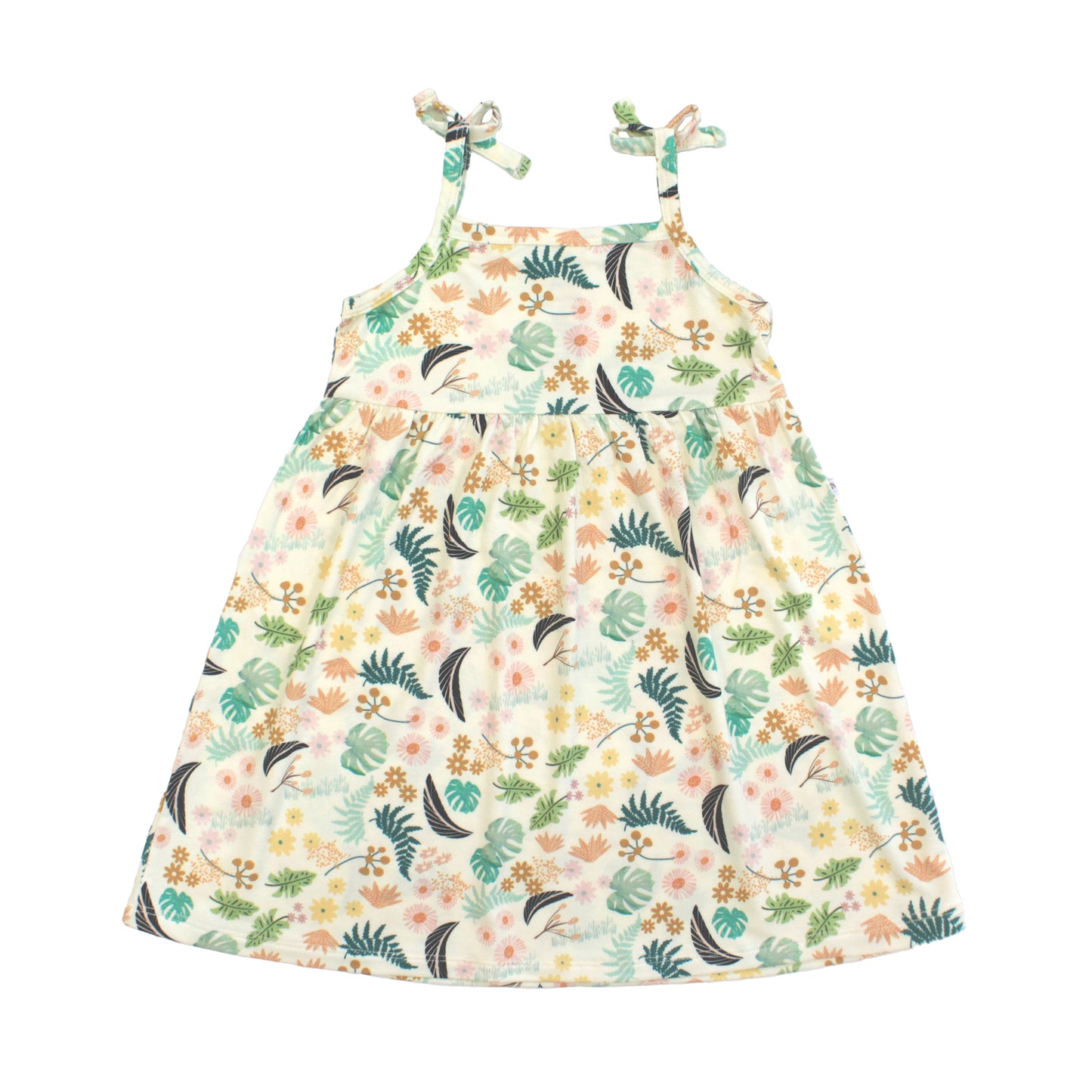 Girls bamboo sundress in the Tropical Blooms floral print featuring spaghetti straps with decorative bows and a flowy skirt.