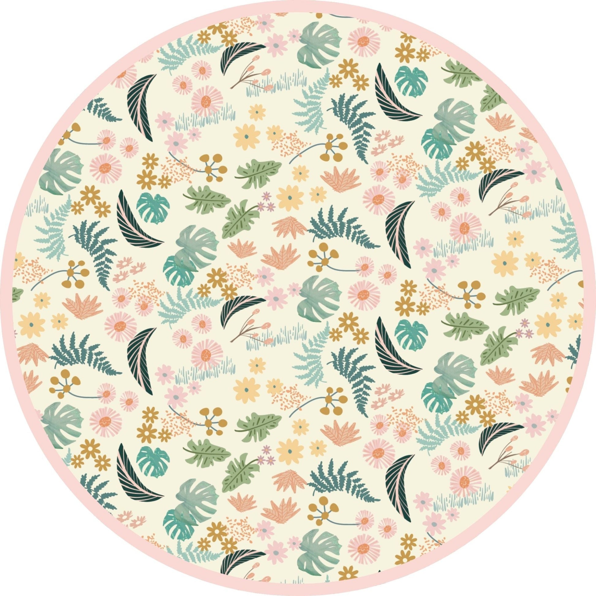 Close-up of the Tropical Blooms print featuring lush green leaves and peach floral blossoms on premium bamboo viscose.