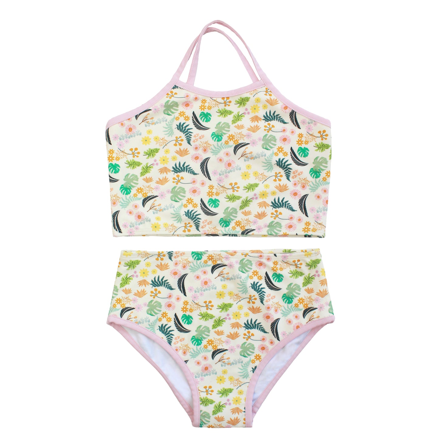 Two-piece girls bikini set in the Tropical Blooms botanical print featuring a crossback tank-style top and coordinating bottoms.
