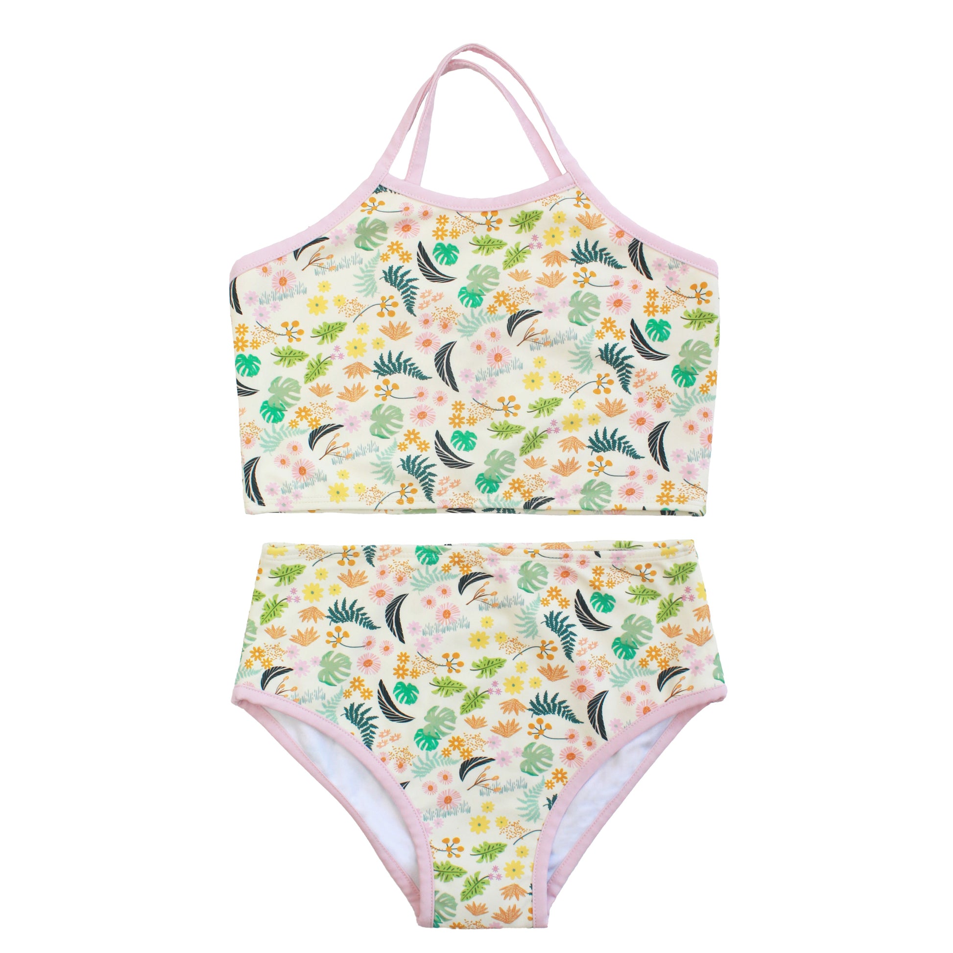Two-piece girls bikini set in the Tropical Blooms botanical print featuring a crossback tank-style top and coordinating bottoms.