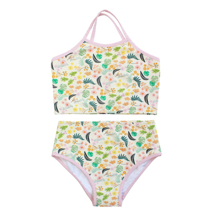 Two-piece girls bikini set in the Tropical Blooms botanical print featuring a crossback tank-style top and coordinating bottoms.