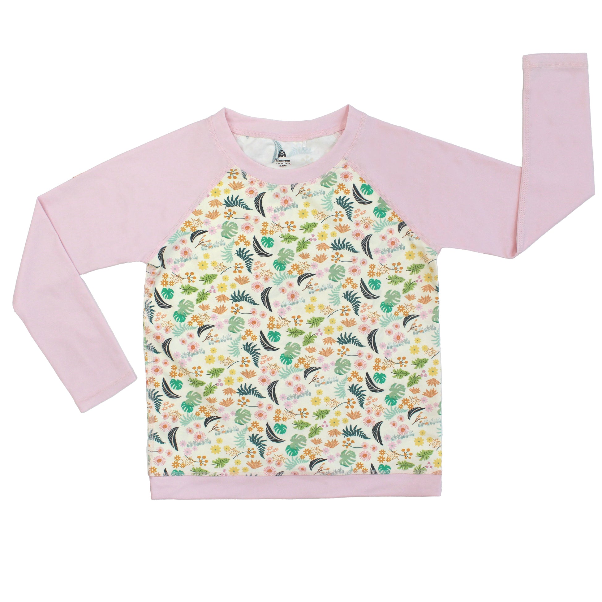 Kids long sleeve baseball-style rash guard featuring a Tropical Blooms botanical print body and solid Bubblegum Pink sleeves.