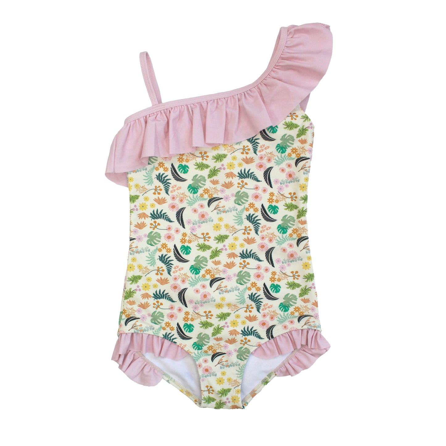 One-piece swimsuit with floral pattern and pink ruffled details on a white background