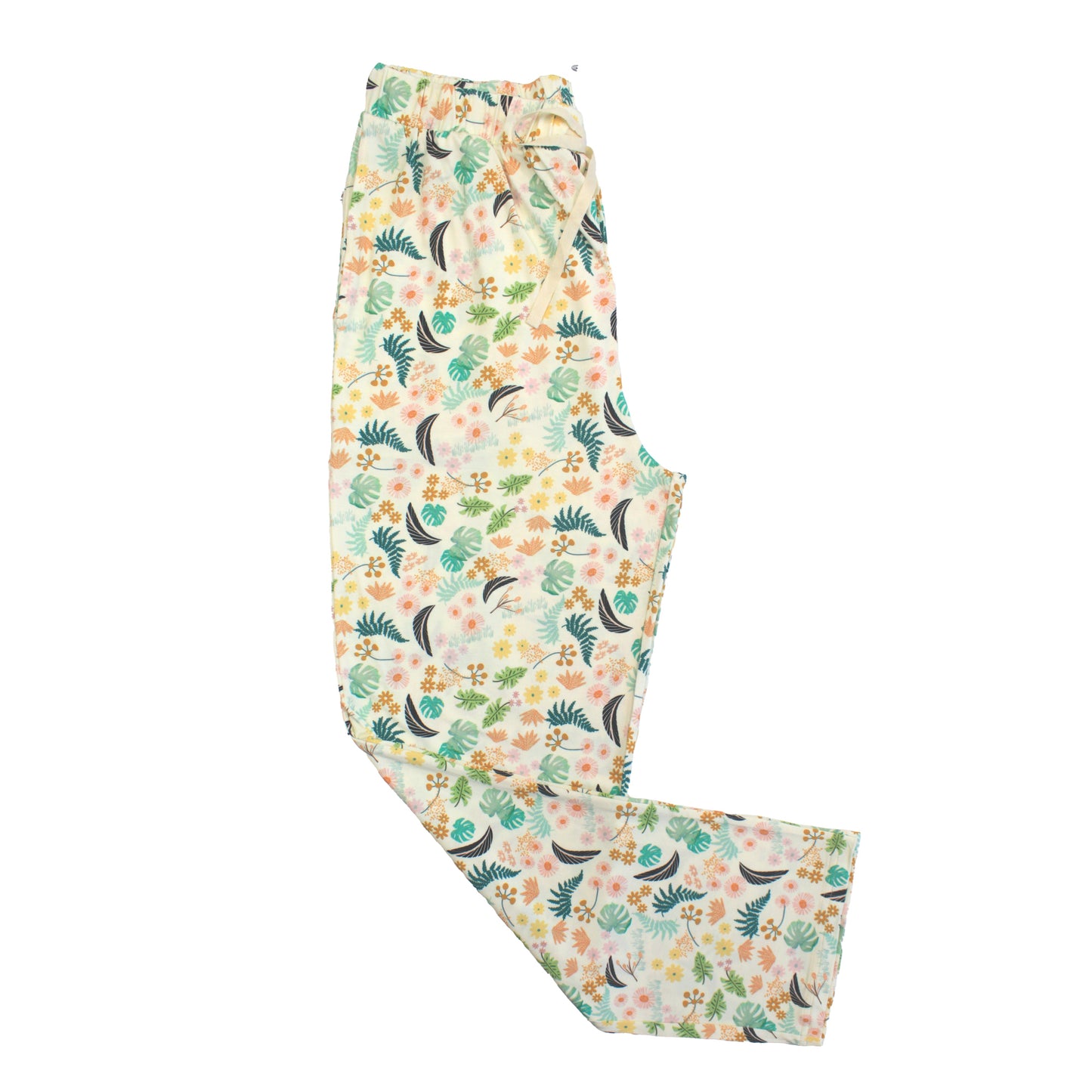 Tropical Blooms relaxed bamboo lounge pajama pants featuring a vibrant botanical floral print and comfortable elastic waistband.