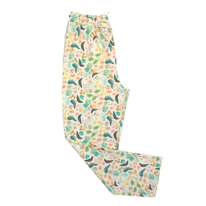 Tropical Blooms relaxed bamboo lounge pajama pants featuring a vibrant botanical floral print and comfortable elastic waistband.