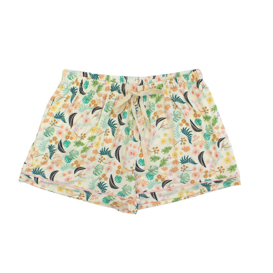 Women's pajama shorts in the Tropical Blooms print featuring a vibrant botanical floral pattern and comfortable elastic waistband.