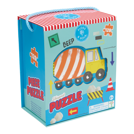 Children's puzzle packaging with a cement truck illustration on a white background