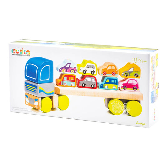 wooden toy semi with wooden cars on top