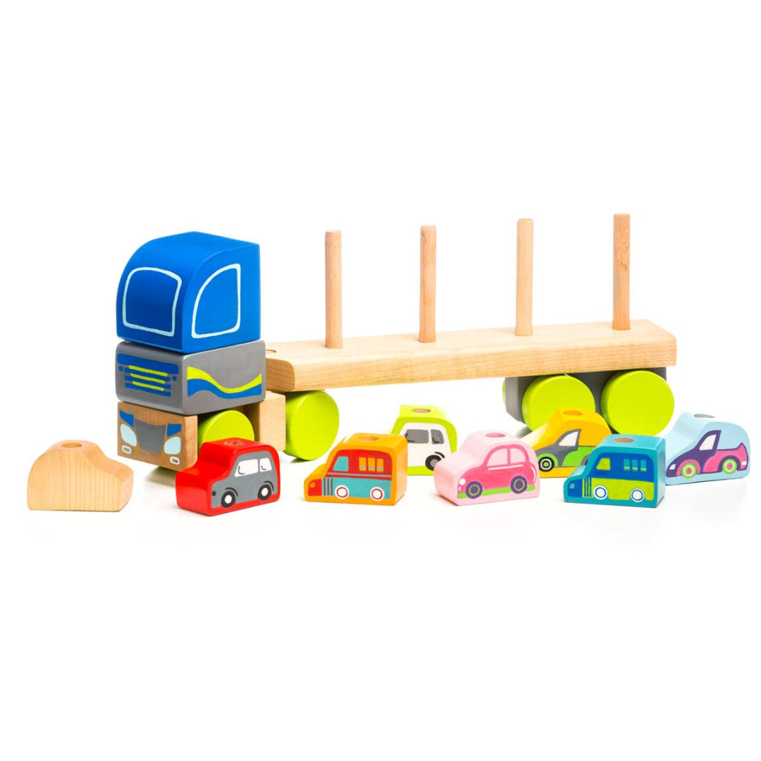 wooden toy semi with wooden cars on top