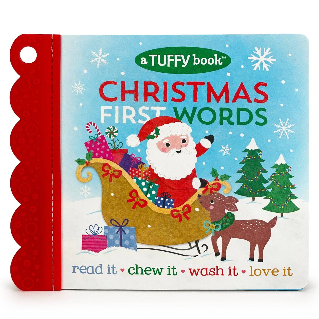 christmas themed word learning book that has a built in teether