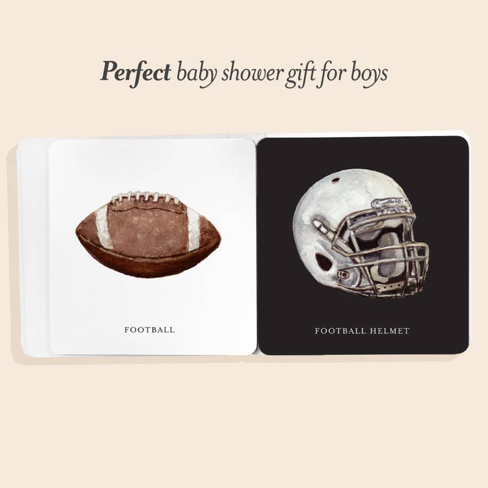 Two cards featuring a football and a football helmet on a beige background with text 'Perfect baby shower gift for boys'.