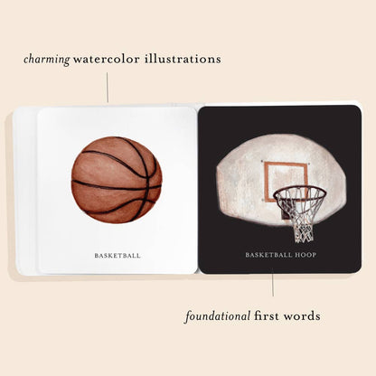 Illustrations of a basketball and a basketball hoop on a book page with text about watercolor illustrations and foundational first words.
