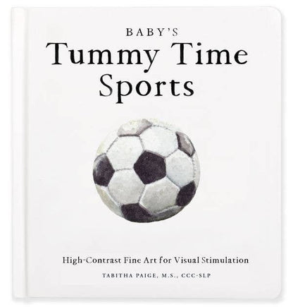 Book cover of 'Baby's Tummy Time Sports' with a soccer ball illustration on a white background.
