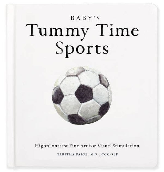 Book cover of 'Baby's Tummy Time Sports' with a soccer ball illustration on a white background.