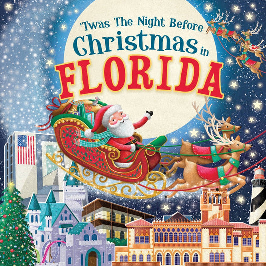 image of santa claus in his sleigh being pulled over the city by his reindeer