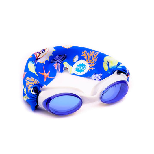 Swim goggles with a blue sea life scene on the strap