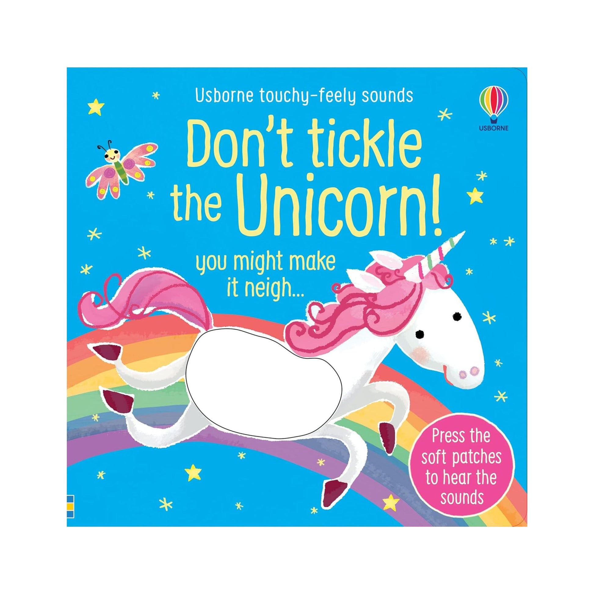 Book cover of 'Don't Tickle the Unicorn!' with a unicorn illustration on a blue background.