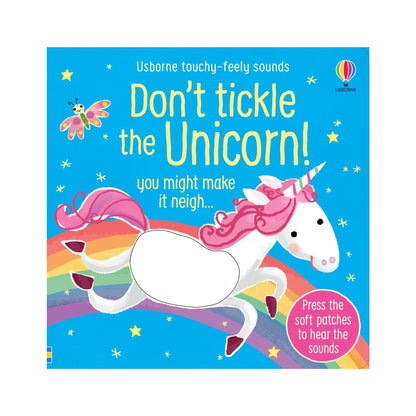 Book cover of 'Don't Tickle the Unicorn!' with a unicorn illustration on a blue background.