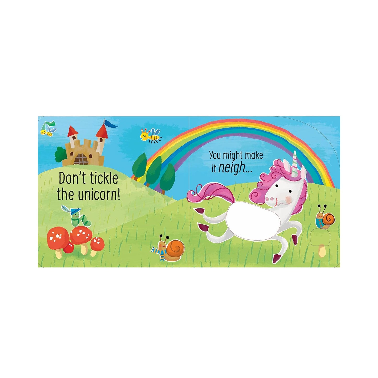 Children's book cover with a unicorn, rainbow, and castle on a grassy hill.