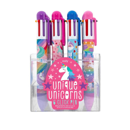 A set of four colorful click pens featuring unicorn designs, packaged in a clear case labeled "Unique Unicorns."