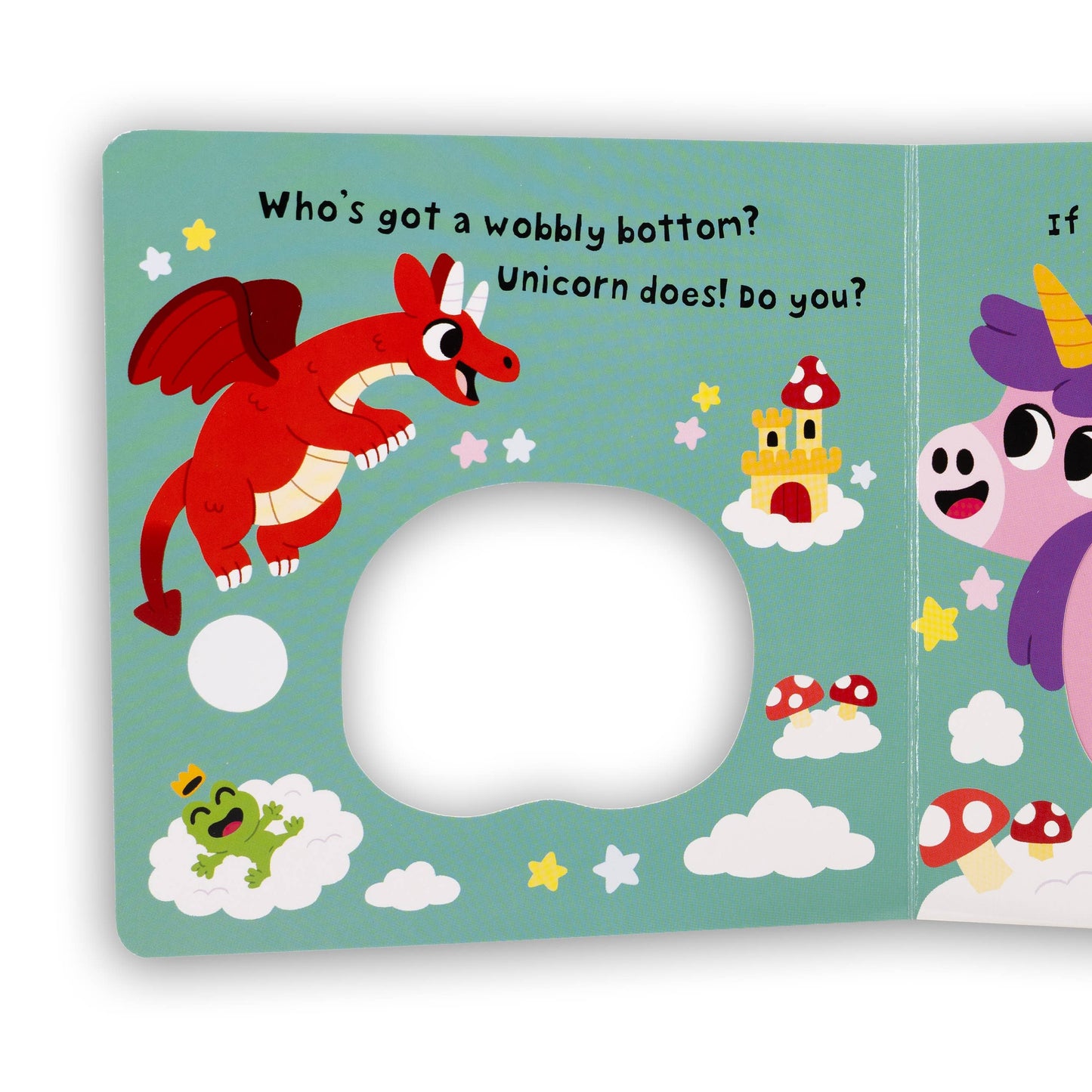 Children's book page with a pink unicorn and red dragon on a blue background