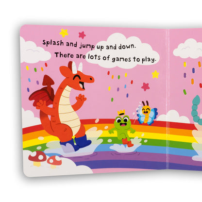 Children's book page with cartoon characters on a pink background
